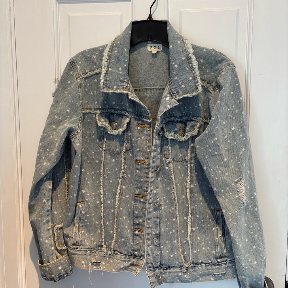 POL Distressed Denim Jacket with Star Accents size L